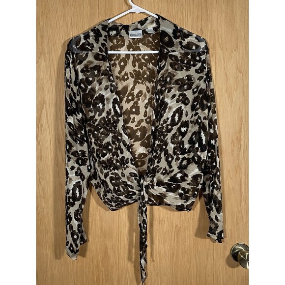 Chicos Silk Leopard Print Blouse Front Tie Long Sleeve Boho Sheer Women's Sz M - Picture 1 of 7